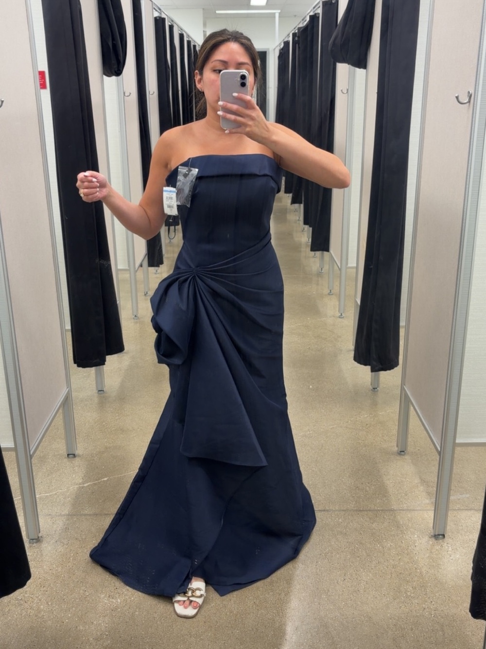 Satin Draped Navy Blue Evening Gown - Picture 4 of 12